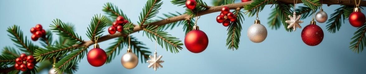 Fototapeta premium Pine branch adorned with festive Christmas ornaments, sparkling baubles hanging, festive holiday decor, New Year, tradition