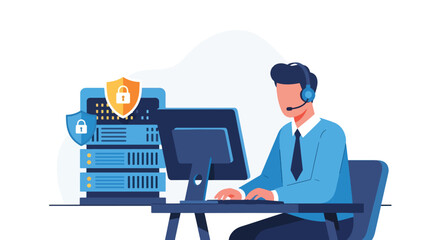 Vector art of an IT specialist monitoring cybersecurity on a computer with secure servers and data protection icons, representing online safety, privacy, and digital network security management