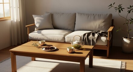 A sunlit, cozy living room with a wooden sofa and coffee table set for tea, featuring cups, teapot, and snacks, surrounded by soft cushions and a potted plant, evoking warmth and relaxation.


