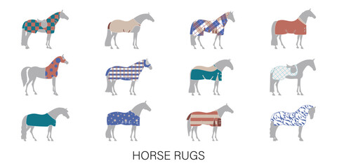 Colorful illustration of horses wearing various patterned rugs