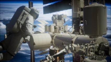 An astronaut floats in space, conducting repairs on the international space station while Earth is visible below. The vastness of space surrounds the scene, showcasing technology and exploration.