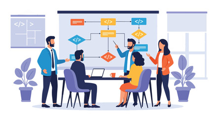 Fototapeta premium Vector art of a business team discussing a software development process with a flowchart on a whiteboard, symbolizing project management, teamwork, and collaboration in technology and innovation