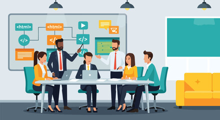 Vector art of a business team discussing a software development process with a flowchart on a whiteboard, symbolizing project management, teamwork, and collaboration in technology and innovation