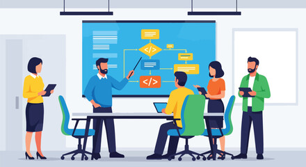 Vector art of a business team discussing a software development process with a flowchart on a whiteboard, symbolizing project management, teamwork, and collaboration in technology and innovation