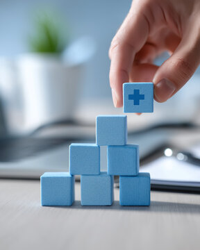 Human resource theme showing hand stacking blue benefit cubes for medical, savings, travel, and retirement in clean desk setup