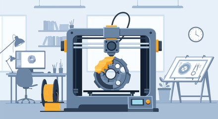 Vector art of a 3D printer creating a mechanical part in a modern workshop, illustrating innovation, product design, and advanced manufacturing technology for engineering or education concepts