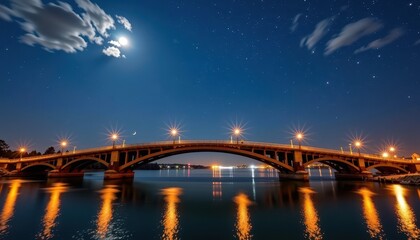 Fototapeta premium A serene bridge arches over still water under a starry night sky, bathed in soft moonlight and distant glow, landscape, night, serene