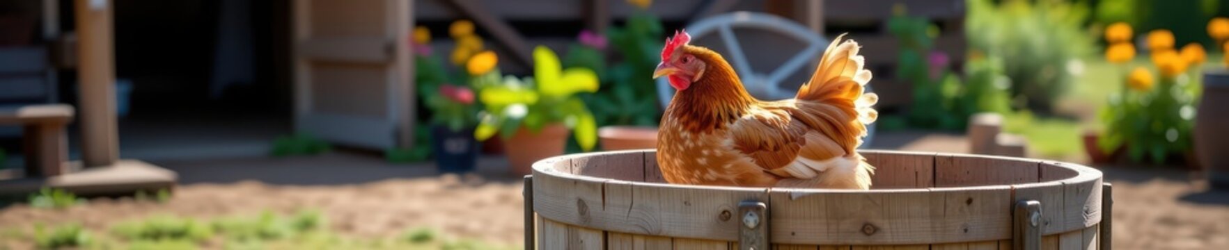 A hen rests peacefully on a rustic wooden planter in a sunlit farmyard, peaceful scene, backyard