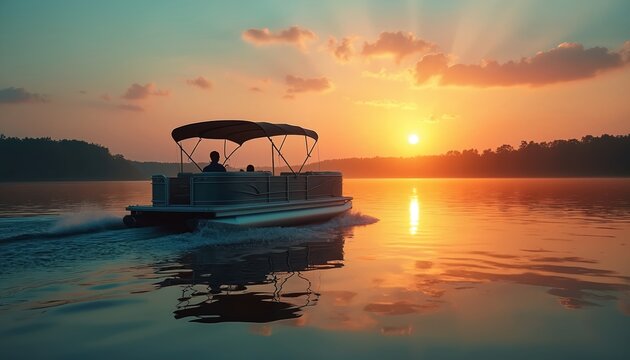 Pontoon boat with passengers cruises calm lake water. Golden sun slowly sets behind distant tree line. Brilliant orange sky beautifully reflects on water surface. Evening boat ride offers truly