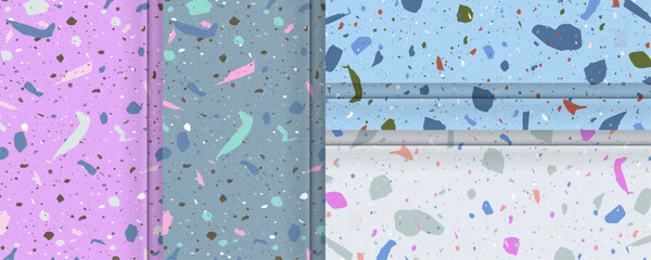 Set of cool winter seamless terrazzo patterns. Patterns suitable for paper, ceramics, marble, and natural stone. Vector illustrations of textured shapes in cool pastel colors.