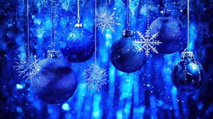 Blue Christmas Background with Glitter Ornaments and Snowflakes for Festive Banner