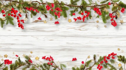 Christmas Garland Frame with Pine Branches, Red Berries and Gold Stars on White Wooden Background for Holiday Banner
