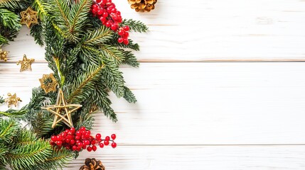 Christmas Wreath with Pinecones, Gold Stars and Red Berries on White Wood Background for Festive Design