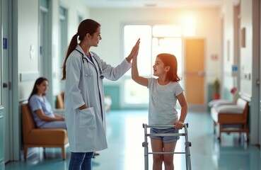 Obraz premium Doctor gives high five to disabled girl at hospital. Young patient smiles, uses walker with support. Physician offers care, encouragement, hope for recovery in bright corridor.