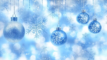 Blue Christmas Background with Hanging Baubles and Snowflakes for Holiday Card Design