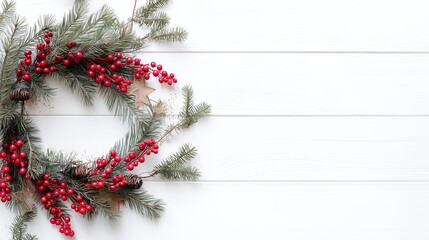 Minimalist Christmas Wreath with Red Berries and Pine Branches on White Background for Modern Holiday Template