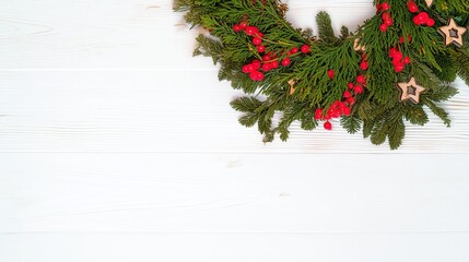 Natural Christmas Wreath with Red Berries and Evergreen Branches on White Wooden Background for Holiday Card Design