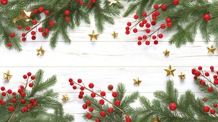 Top Border Christmas Background with Pine Branches Red Berries and Golden Stars for Template or Greeting Card Layout