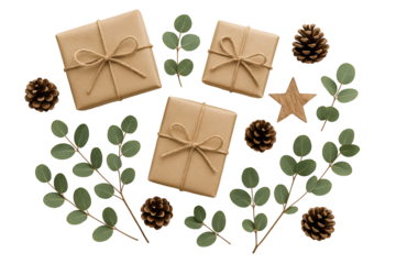 Minimalist festive arrangement with kraft paper presents and eucalyptus branches. Sustainable Christmas style.