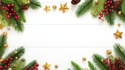 Christmas Background with Pinecones Golden Stars and Red Berries for Holiday Template or Banner Design