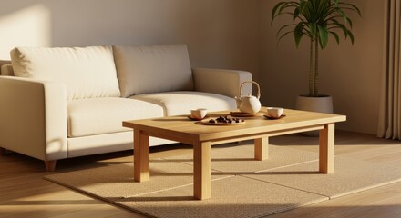 Fototapeta premium Minimalist living room interior with a cozy white sofa, wooden coffee table, soft sunlight, neutral tones, and a potted plant creating a peaceful and inviting atmosphere for relaxation and comfort.