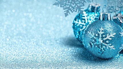 Blue Glitter Christmas Ornaments with Snowflakes on Sparkling Background for Winter Holiday Template or Banner Design