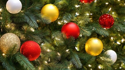 Festive Christmas Tree Decorated with Red, Gold, and White Balls