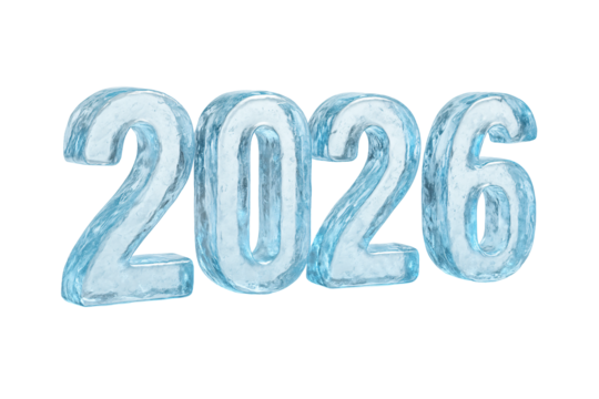 Blue ice numbers “2026”. Frozen winter typography for New Year theme.