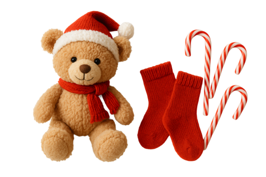 Teddy bear in Santa hat with red socks and candy canes. Cute Christmas composition.