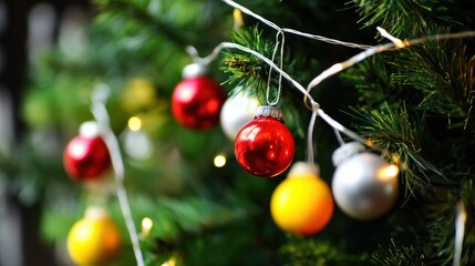 Christmas Tree with Shiny Red Ornaments and Golden Lights