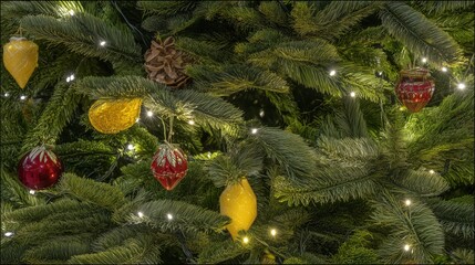 Christmas Tree Branches with Red and Yellow Baubles and Pine Cones