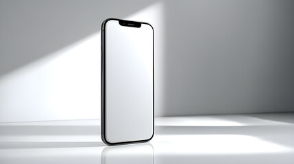 Sleek modern smartphone with blank screen ready for your app or design mockup in a minimalist studio setting with dramatic light and shadows