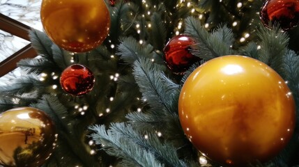 Close-up of Christmas Tree with Golden and Red Baubles and Warm Lights