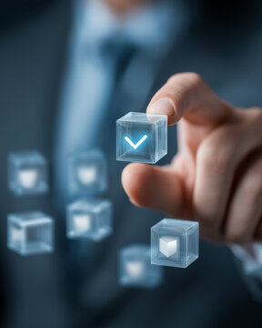 Manager&rsquo;s hand placing cube with compliance icon for integrity, performance, and regulatory excellence in professional business setting