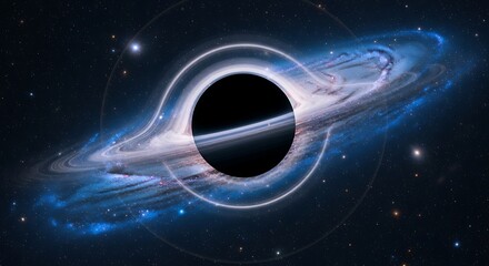 A stunning visualization of a black hole with a swirling accretion disk and distant stars in the vastness of space.