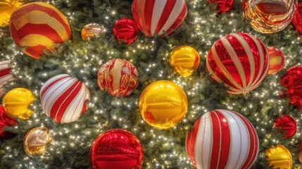 Large Golden and Red Striped Christmas Balls with Glowing Lights