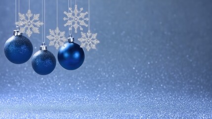 Blue Baubles and Snowflakes on Glittering Winter Background