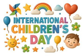 “International Children’s Day” text surrounded by colorful toys, balloons, and clouds. Cheerful celebration theme.