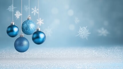 Blue Christmas Ornaments with Snowflakes on Sparkling Background