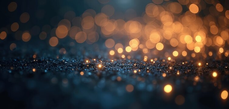 Dark blue background with shiny glitter, bokeh lights. Glittering particles reflect light. Orange bokeh effect in background. Sparkling dust on dark surface. Glamour texture with shining spots.