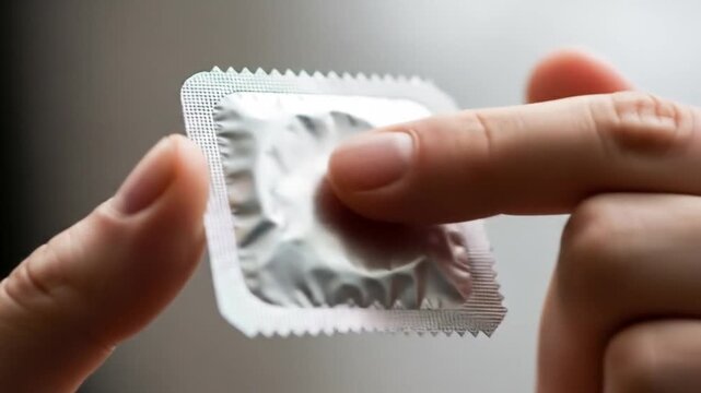 Close-up of a hand carefully holding a sealed condom package, emphasizing safe sex and responsible choices in a modern, health-conscious world, promoting awareness and sexual health