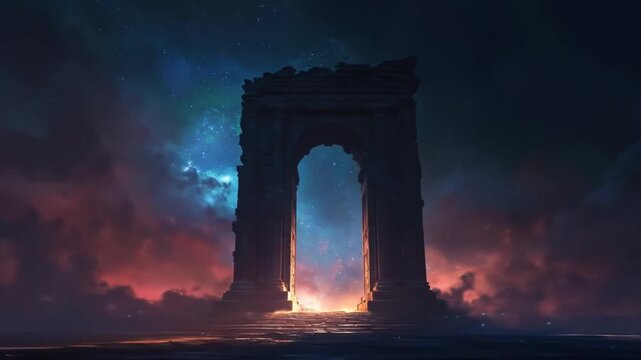 A monumental archway silhouetted against a nebula and starlit sky