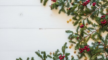 Christmas Fir Branches with Red Berries and Golden Stars on White Wood Background