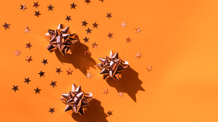 Gift paper ribbon bow with stars, trendy composition, minimal background. Winter, sale and seasonal...