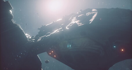 A large spaceship navigates through the vastness of deep space, surrounded by distant stars and scattered celestial bodies. The lighting creates a mysterious atmosphere.
