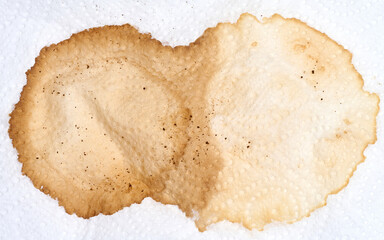 Macro shot of a large, dried coffee stain on a textured white paper napkin