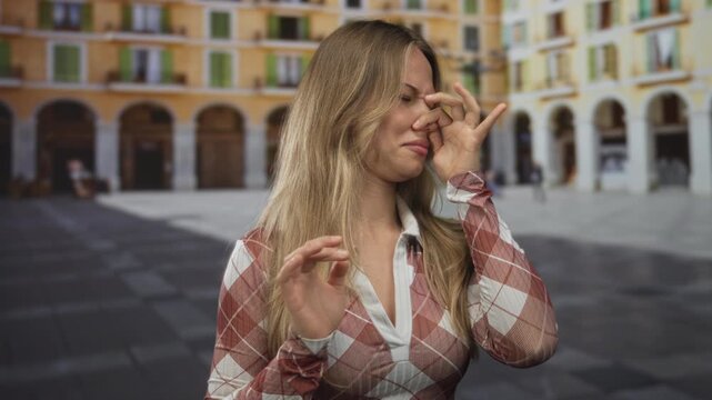 Woman firmly pinches nose with fingers in crowded urban plaza under sunlight; disgust distaste rejection aversion.