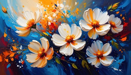 Abstract floral expression with vibrant white petals and golden centers flowing in dynamic brushstrokes of blue and orange symbolizing renewal and celebration