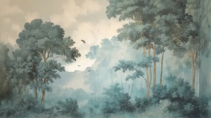 Wall painting with classic forest image in the interior for home decor and wall art. Calm composition for relaxation and rest