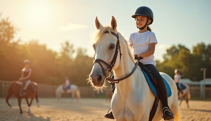 Fototapeta premium Young girl in helmet rides white horse during lesson at sunny equestrian school. Other children train ponies on sand arena. Outdoor animal sport activity for kids.